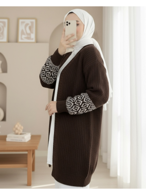 Kolları Desenli Triko Hırka  -Kahve