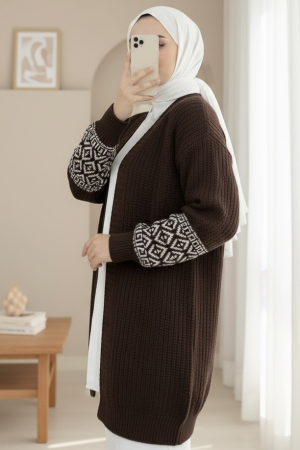 Kolları Desenli Triko Hırka  -Kahve