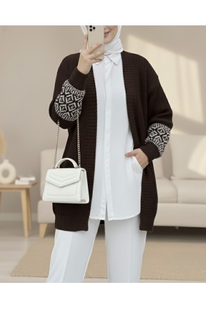 Patterned Sleeve Knitted Cardigan  -Brown