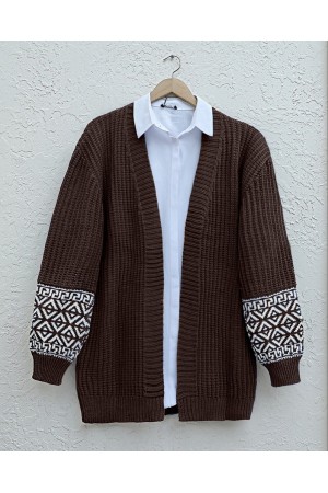 Patterned Sleeve Knitted Cardigan  -Brown