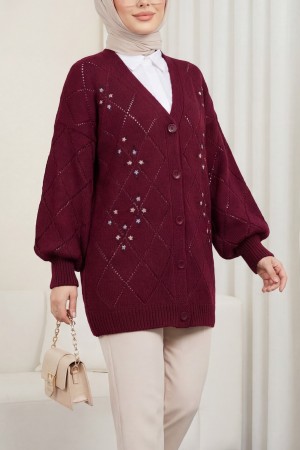Openwork Floral Embroidered Buttoned Knitwear Cardigan      -Maroon