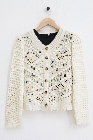 Floral Embroidered Pompom Openwork Knitted Cardigan      -Cream color