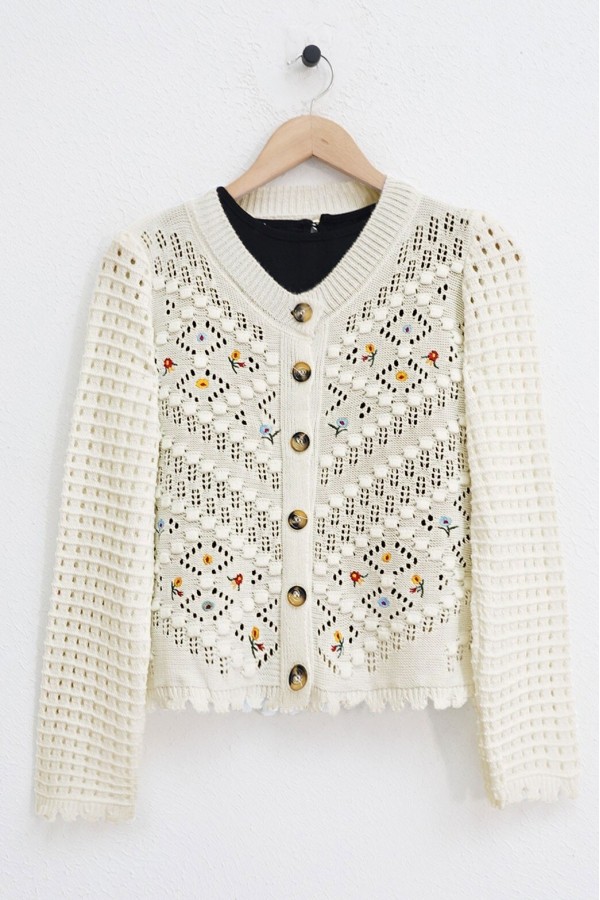 Floral Embroidered Pompom Openwork Knitted Cardigan      -Cream color