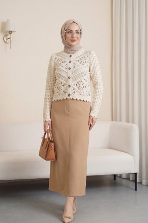 Floral Embroidered Pompom Openwork Knitted Cardigan      -Cream color