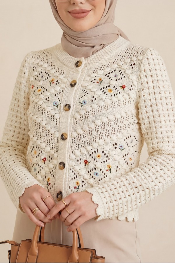 Floral Embroidered Pompom Openwork Knitted Cardigan      -Cream color