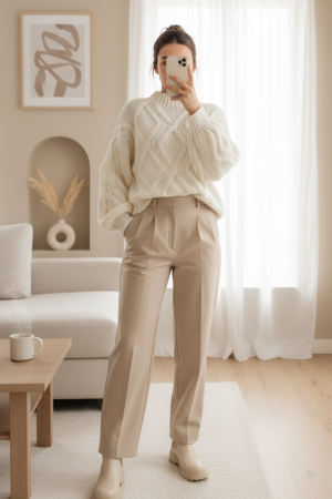 Half Neck Balloon Sleeve Winter Sweater       -White