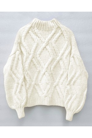 Yarım Boğazlı Balon Kol Kışlık Kazak       -Beyaz