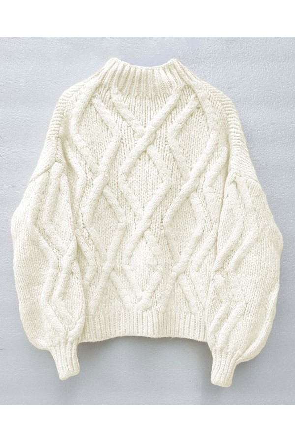 Half Neck Balloon Sleeve Winter Sweater       -White