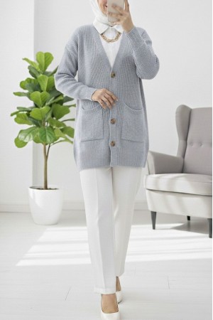 Çift Cepli Yumoş Örgü Hırka  -Gri