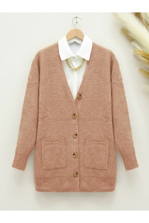 Double Pocket Soft Knitted Cardigan  -Salmon