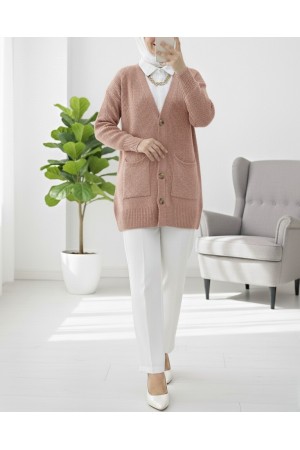 Double Pocket Soft Knitted Cardigan  -Salmon