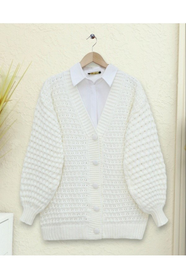 Embossed Knitted Arabboy Buttoned Knitwear Cardigan -Ecru