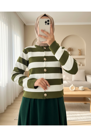 High Collar Striped Buttoned Knitted Cardigan   -Khaki