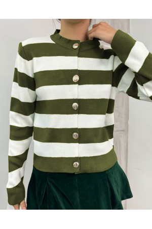 سترة صوفية محبوكة بأزرار وياقة عالية  -خاكي