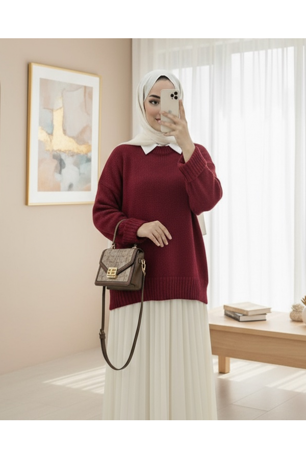 Crew Neck Skirted Ribbed Casual Knitwear Sweater -Maroon