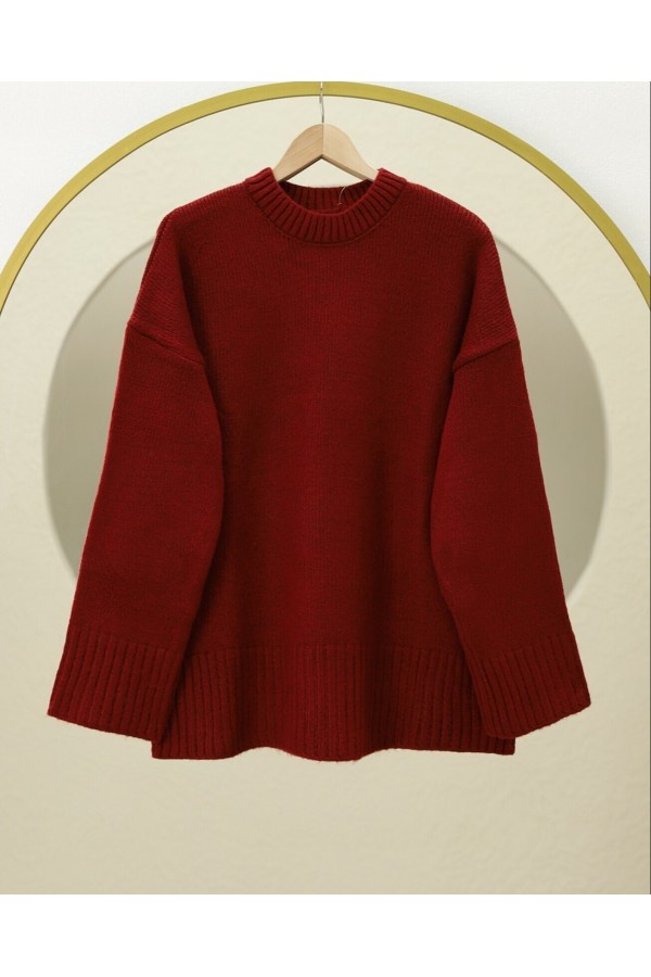 Crew Neck Skirted Ribbed Casual Knitwear Sweater -Maroon
