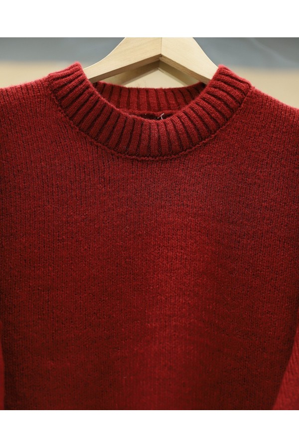 Crew Neck Skirted Ribbed Casual Knitwear Sweater -Maroon