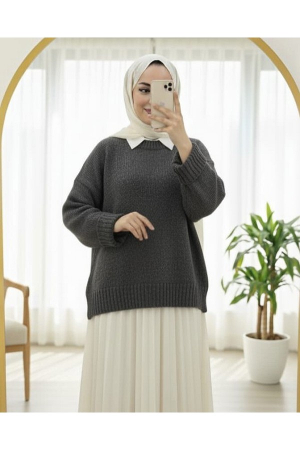 Crew Neck Skirted Ribbed Casual Knitwear Sweater -Smoked 