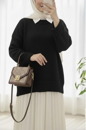 Crew Neck Skirted Ribbed Casual Knitwear Sweater -Black