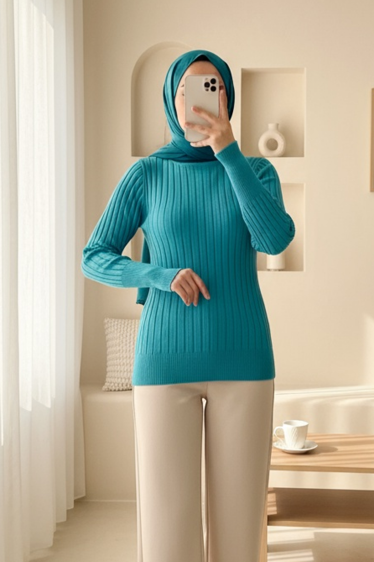 Turtleneck Corduroy Knitwear Sweater      -بترولي