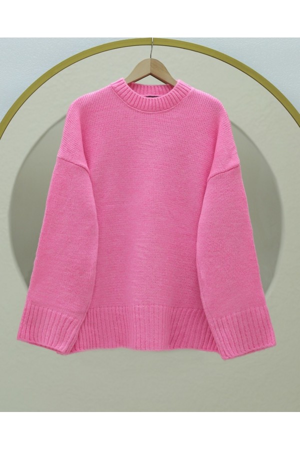 Crew Neck Skirted Ribbed Casual Knitwear Sweater  -Pink