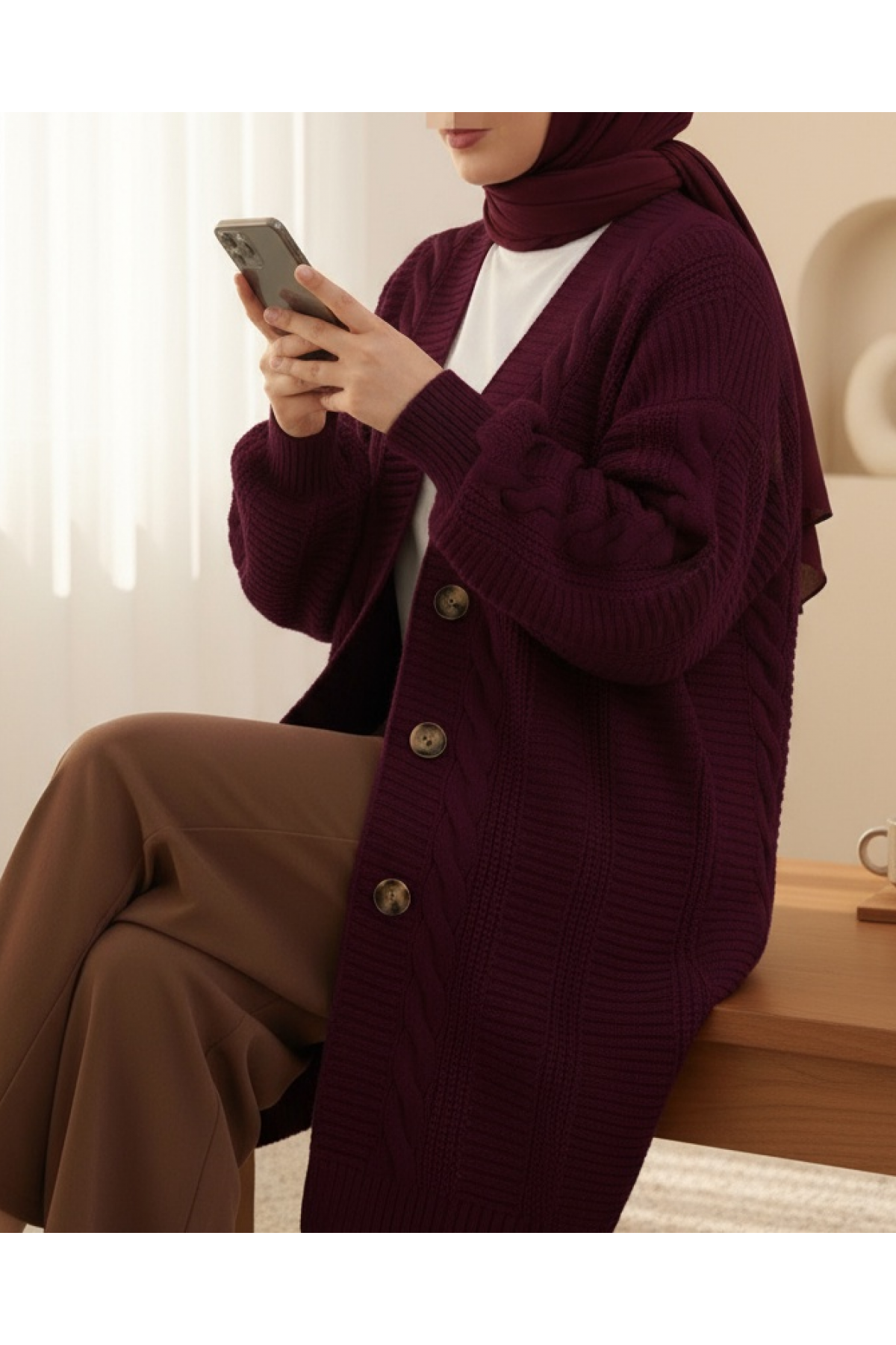 Knitting Pattern Buttoned Cardigan     -Maroon