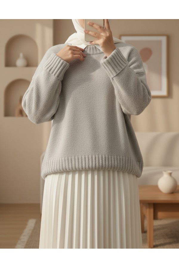 Crew Neck Skirted Ribbed Casual Knitwear Sweater   -Grey