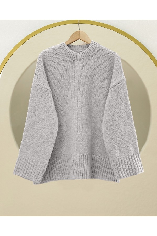 Crew Neck Skirted Ribbed Casual Knitwear Sweater   -Grey