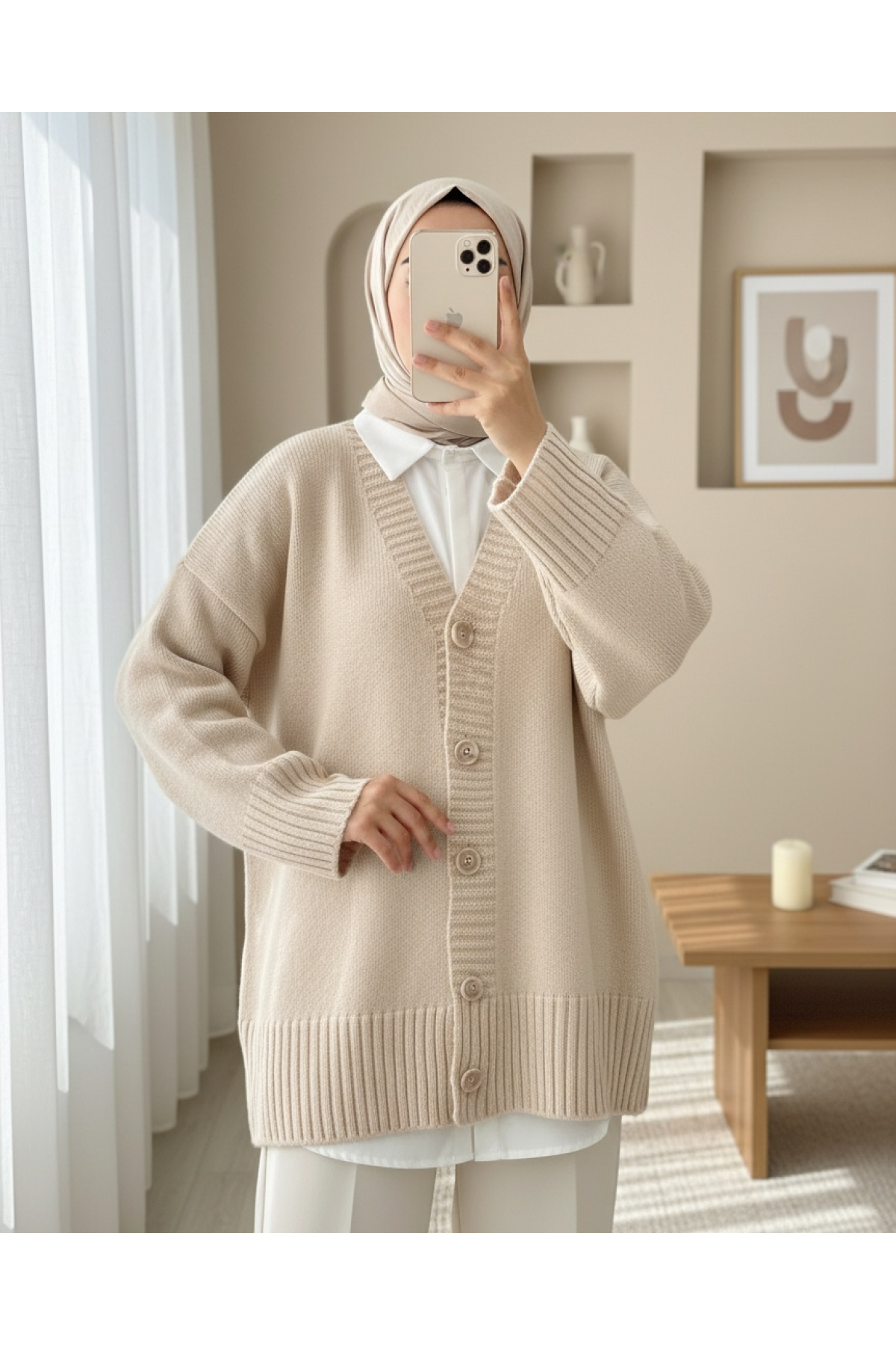 Oversize Buttoned Knitted Cardigan - Beige
