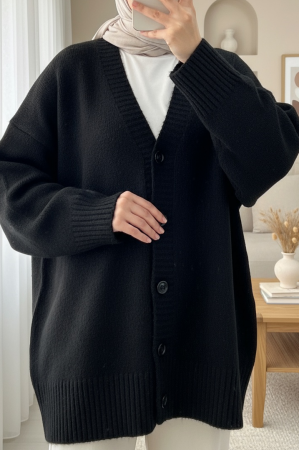 Düğmeli Oversize Triko Hırka -Siyah