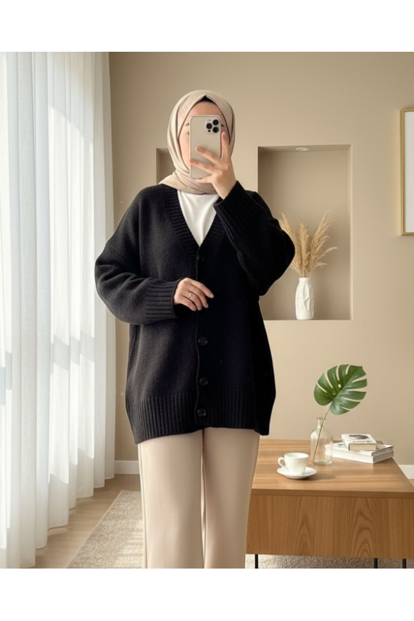 Düğmeli Oversize Triko Hırka -Siyah