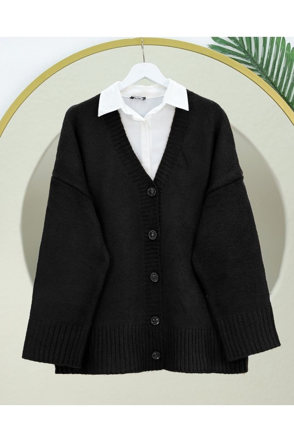 Düğmeli Oversize Triko Hırka -Siyah