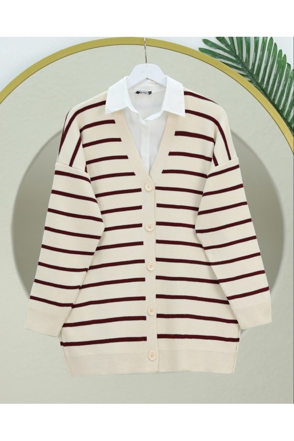 Striped Buttoned V    - Beige