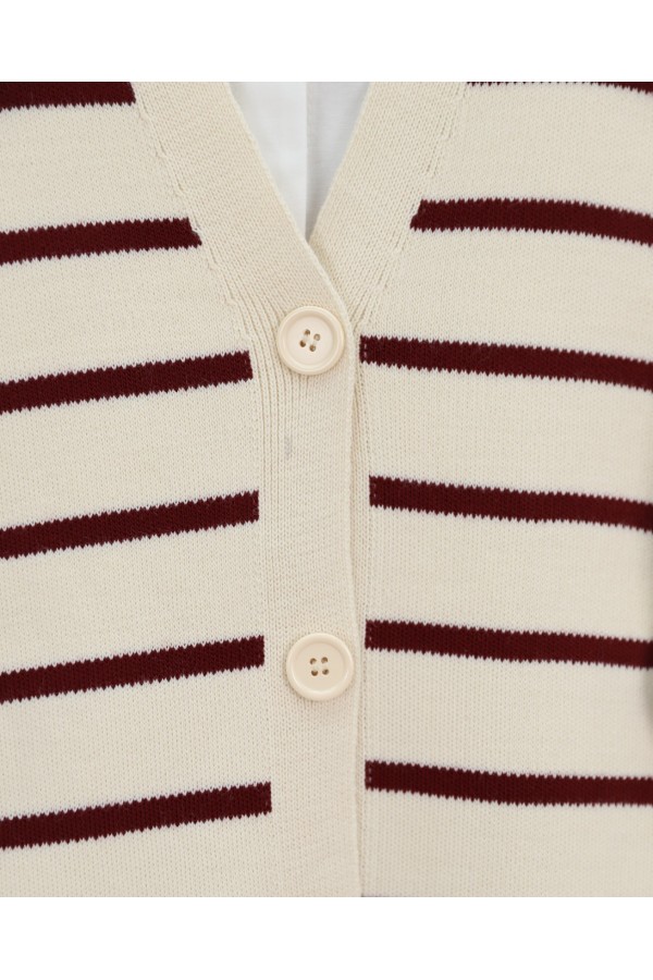 Striped Buttoned V    - Beige
