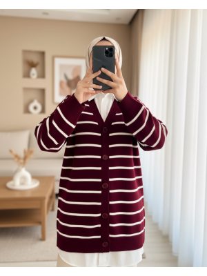 Çizgili Düğmeli V Yaka Triko Hırka     -Bordo