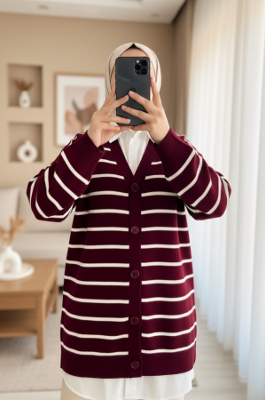 Çizgili Düğmeli V Yaka Triko Hırka     -Bordo