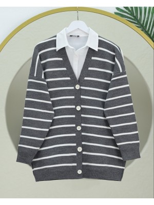 Çizgili Düğmeli V Yaka Triko Hırka     -Füme