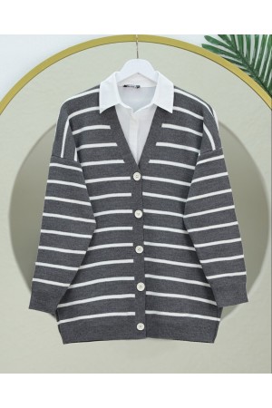 Çizgili Düğmeli V Yaka Triko Hırka     -Füme