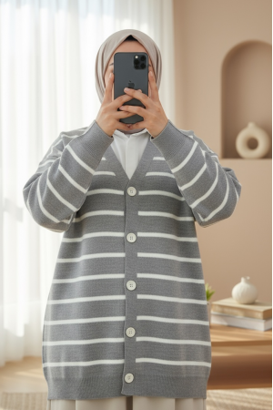 Çizgili Düğmeli V Yaka Triko Hırka     -Gri