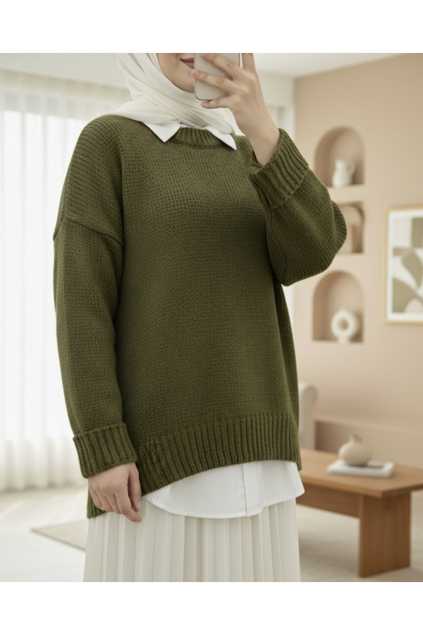 Crew Neck Skirted Ribbed Casual Knitwear Sweater    -Khaki