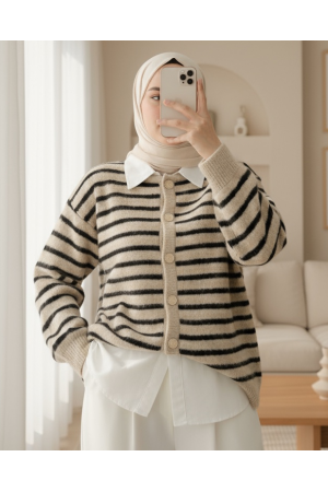 كارديجان محبوك ناعم مخطط بأزرار ورقبة دائرية -بني محروق