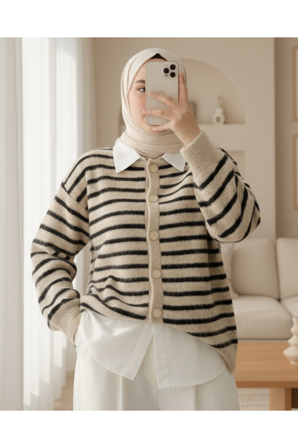 Round Neck Striped Buttoned Soft Knitted Cardigan -Dark Coffee