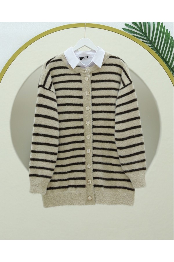Round Neck Striped Buttoned Soft Knitted Cardigan -Dark Coffee