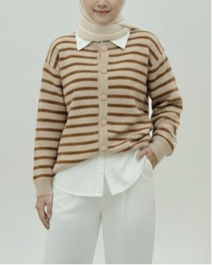 Round Neck Striped Buttoned Soft Knitted Cardigan -Brown