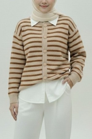 Round Neck Striped Buttoned Soft Knitted Cardigan -Brown