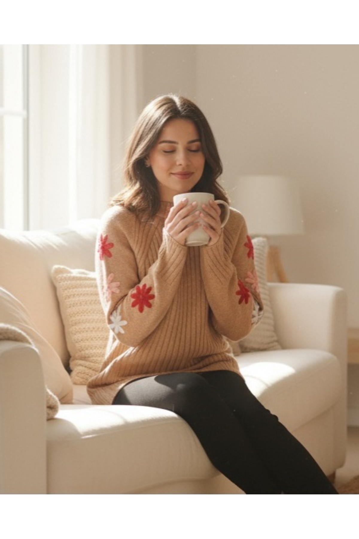 Long Winter Knitwear Tunic With Embossed Embroidered Back -Mink color