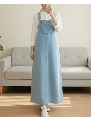 Cep Detaylı Askılı Kot Salopet -Buz Mavi