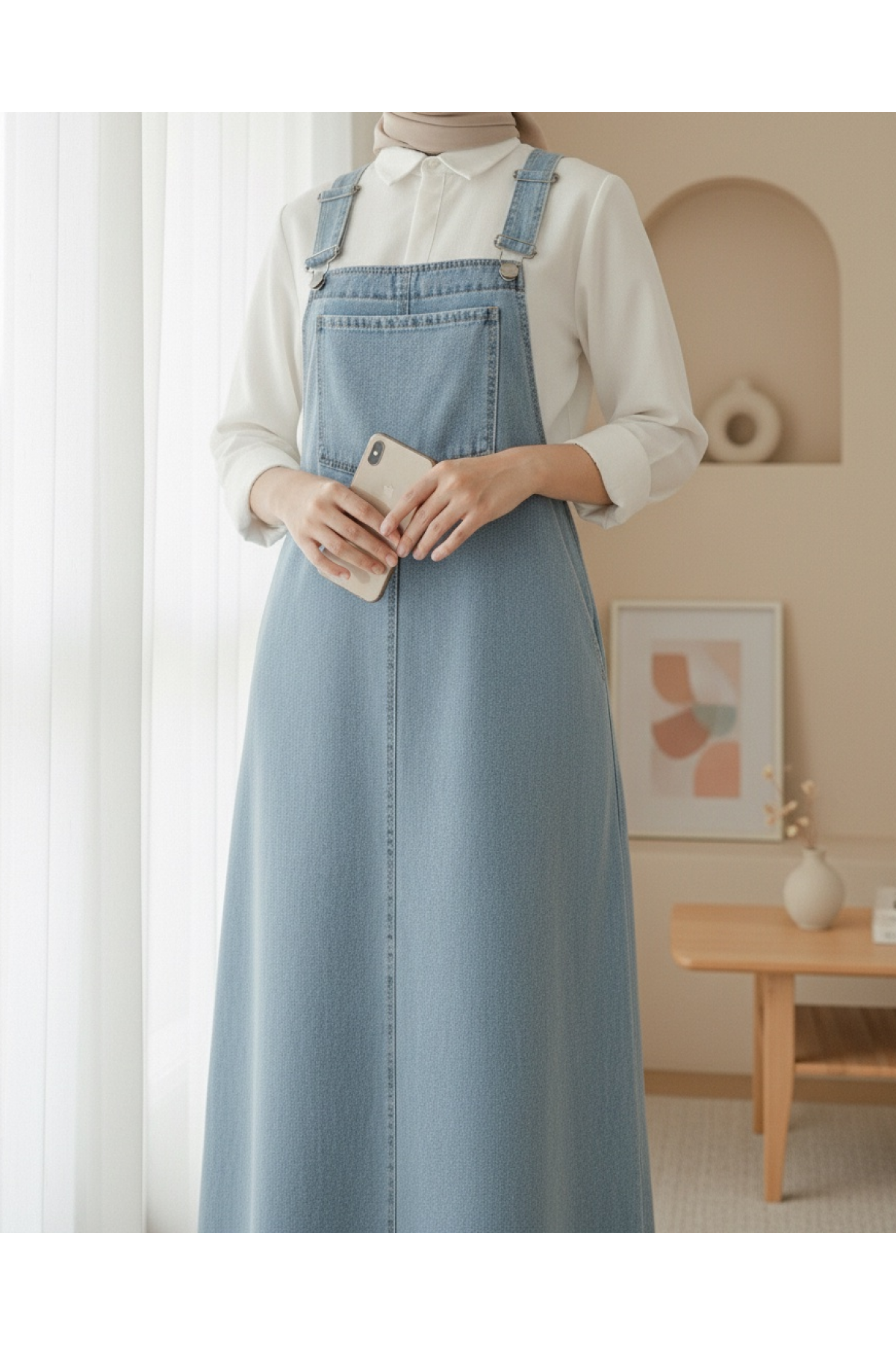 Denim Overalls with Pocket Details and Straps -Ice Blue