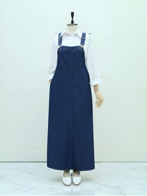 Cep Detaylı Askılı Kot Salopet -Koyu Mavi