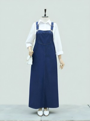 Cep Detaylı Askılı Kot Salopet -Koyu Mavi